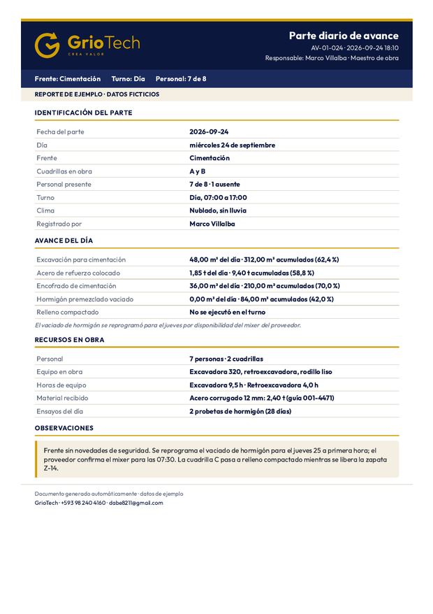 Primera página de Parte diario de avance