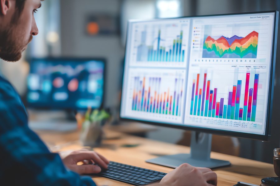 Tableros con gráficos de avance en la pantalla de una oficina técnica